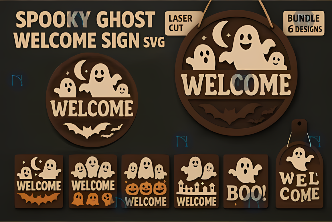 ghost welcome halloween hanging sign dxf set