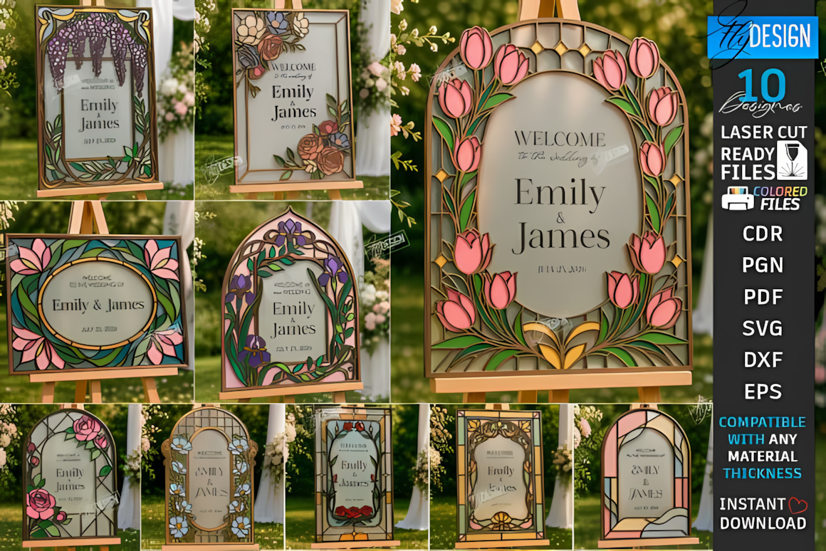 stained glass wedding sign vector bundle