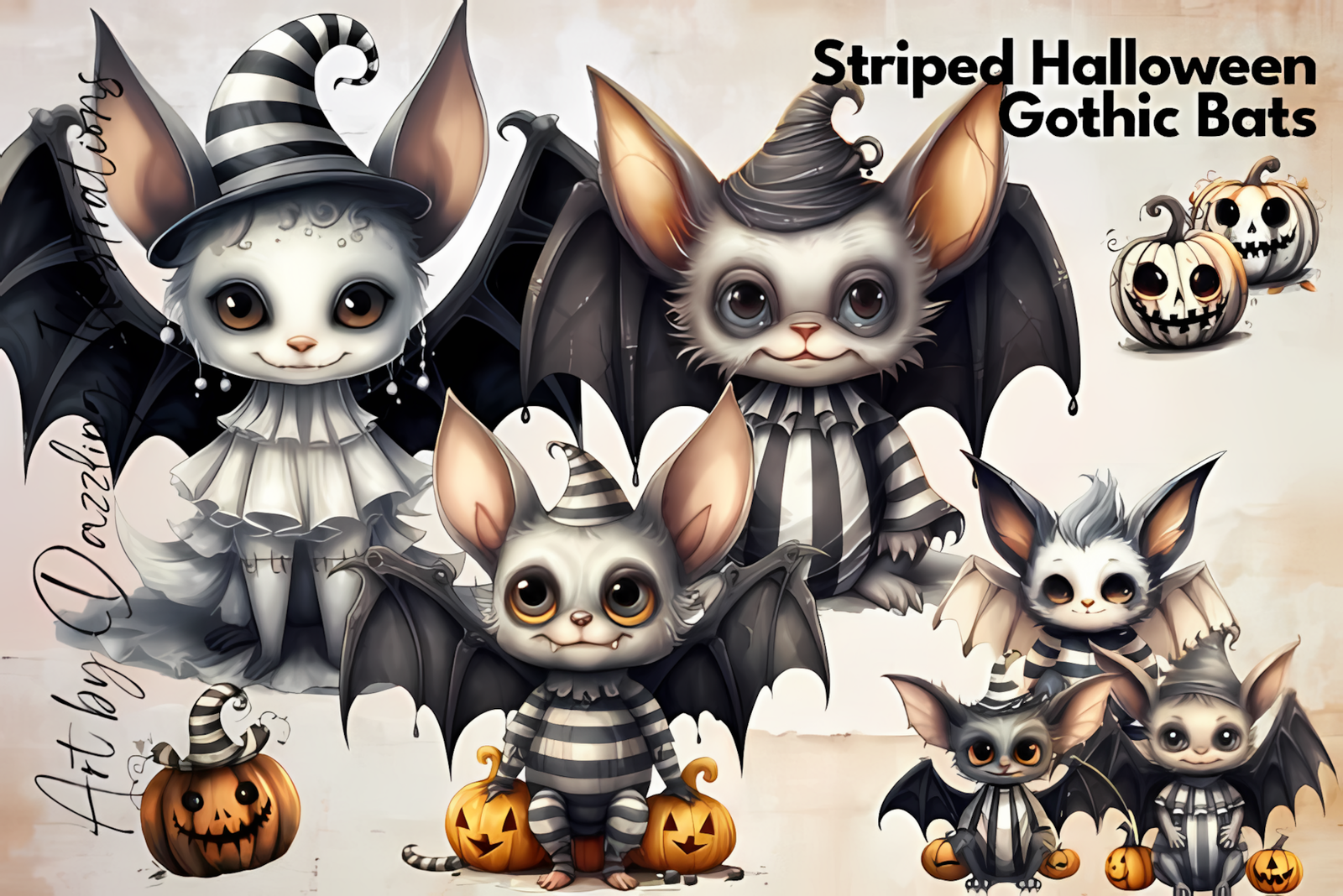 Vintage halloween bat clipart set featuring striped gothic bats and pumpkins