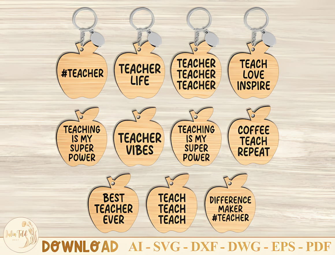 Apple shaped teacher keychain svg bundle featuring motivational teacher quotes
