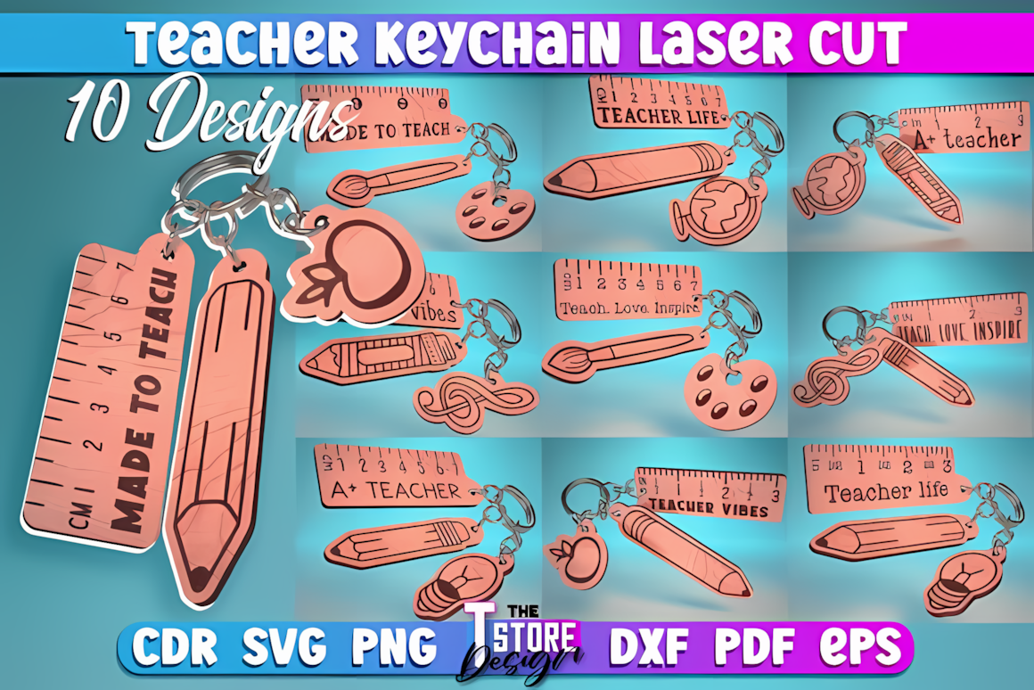 Teacher and School Keychain Laser Cut SVG design set with 10 engraved teacher-themed files for CNC cutting