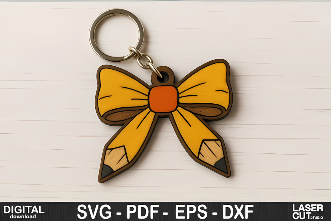 Teacher pencil bow keychain laser cut svg ornament design file