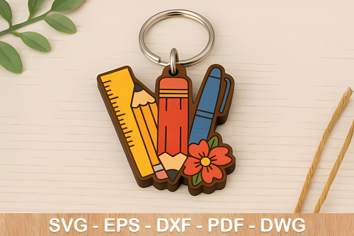 Teacher supplies keychain svg laser cut design featuring classroom themed items
