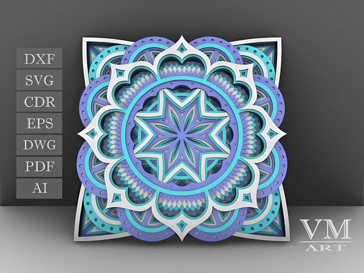 blue layered flower mandala 3d wall art laser template