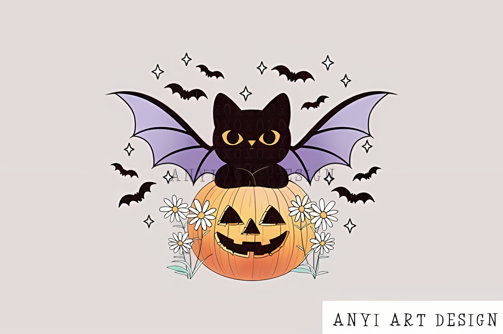Vintage halloween bat clipart scene with classic black cat illustration