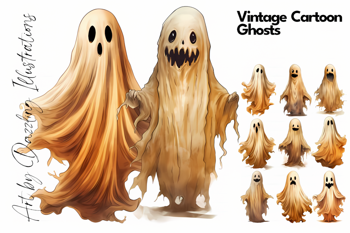 vintage halloween ghost clipart cartoon set in beige and brown tones