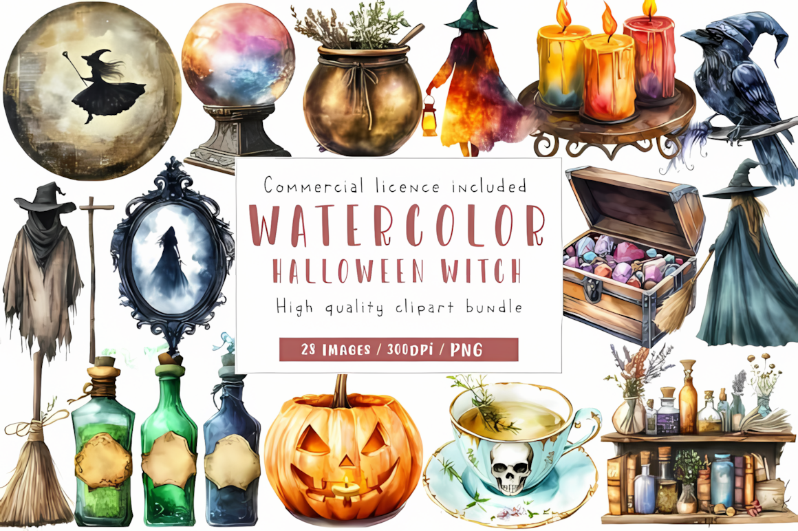 Vintage halloween witch png illustrations on transparent background for junk journals and crafts