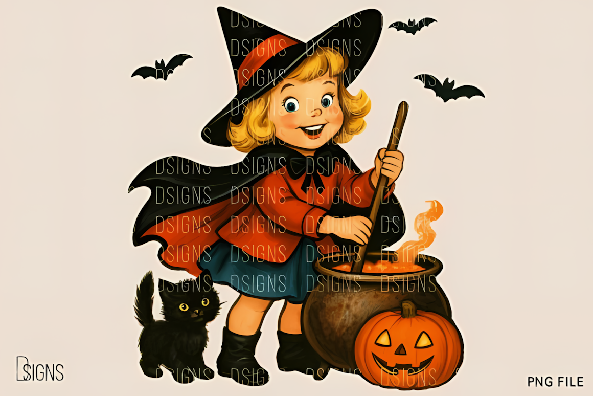 Vintage halloween witch png girl illustration with retro autumn colors for paper crafting