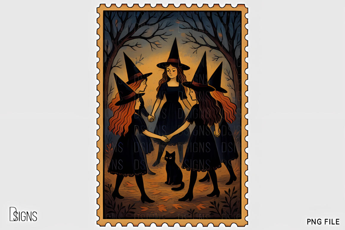 Vintage halloween witch png stamp clipart graphics with rustic distressed texture effect