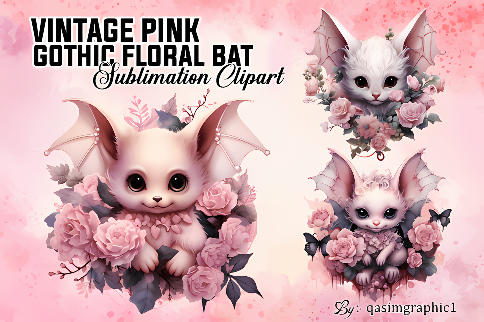Vintage halloween bat clipart featuring gothic floral patterns and pink accents