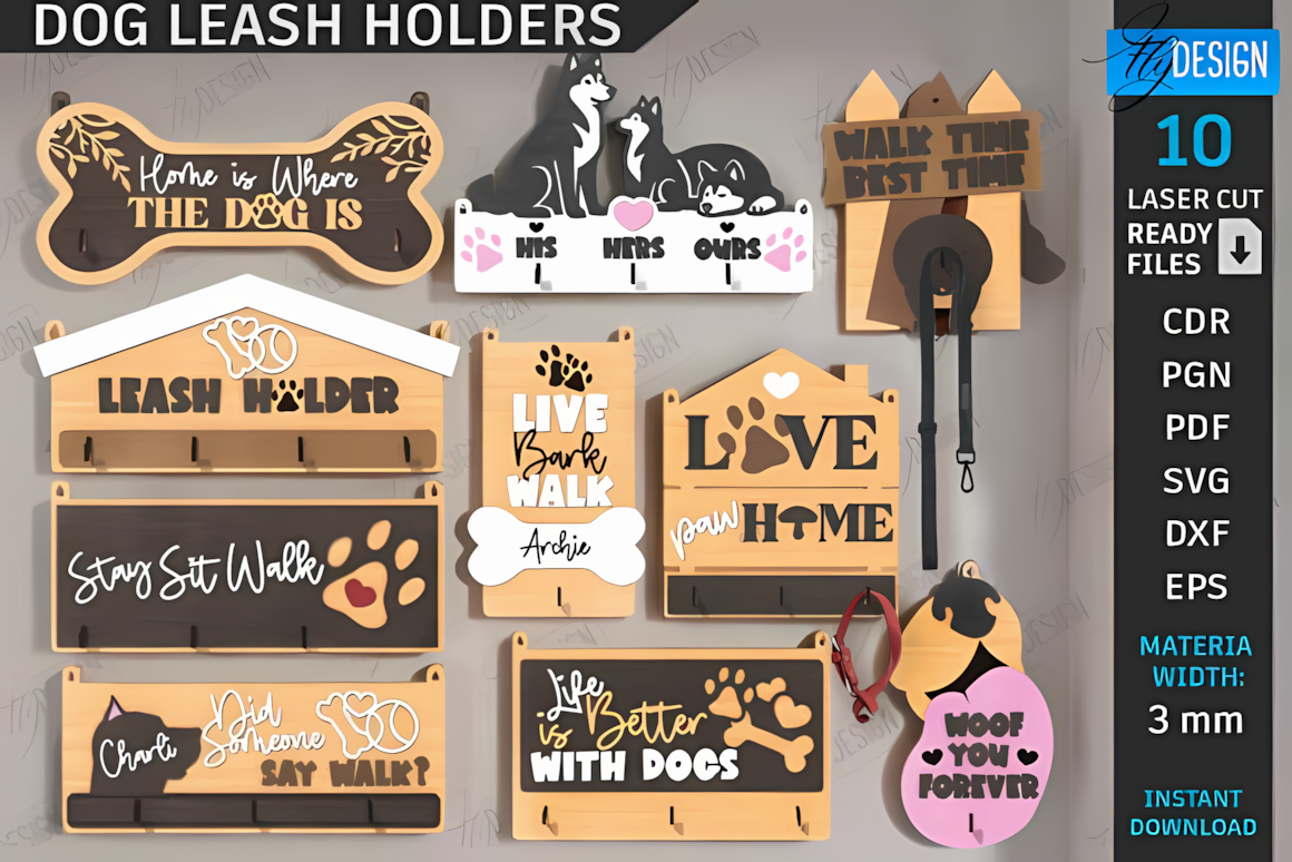 Wall mounted dog leash hooks laser cut svg bundle for pet lovers home decor
