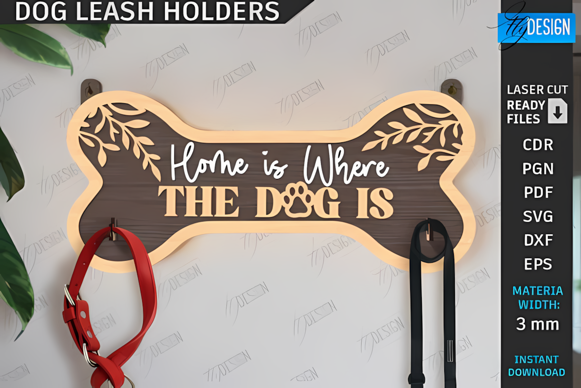 Wall dog leash hooks laser cut pet svg file, double hook design for dog lovers