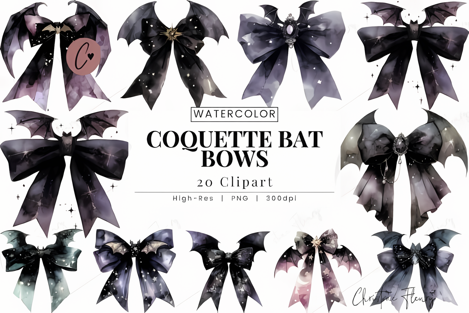 Watercolor halloween bat png artwork adorned with coquette bows