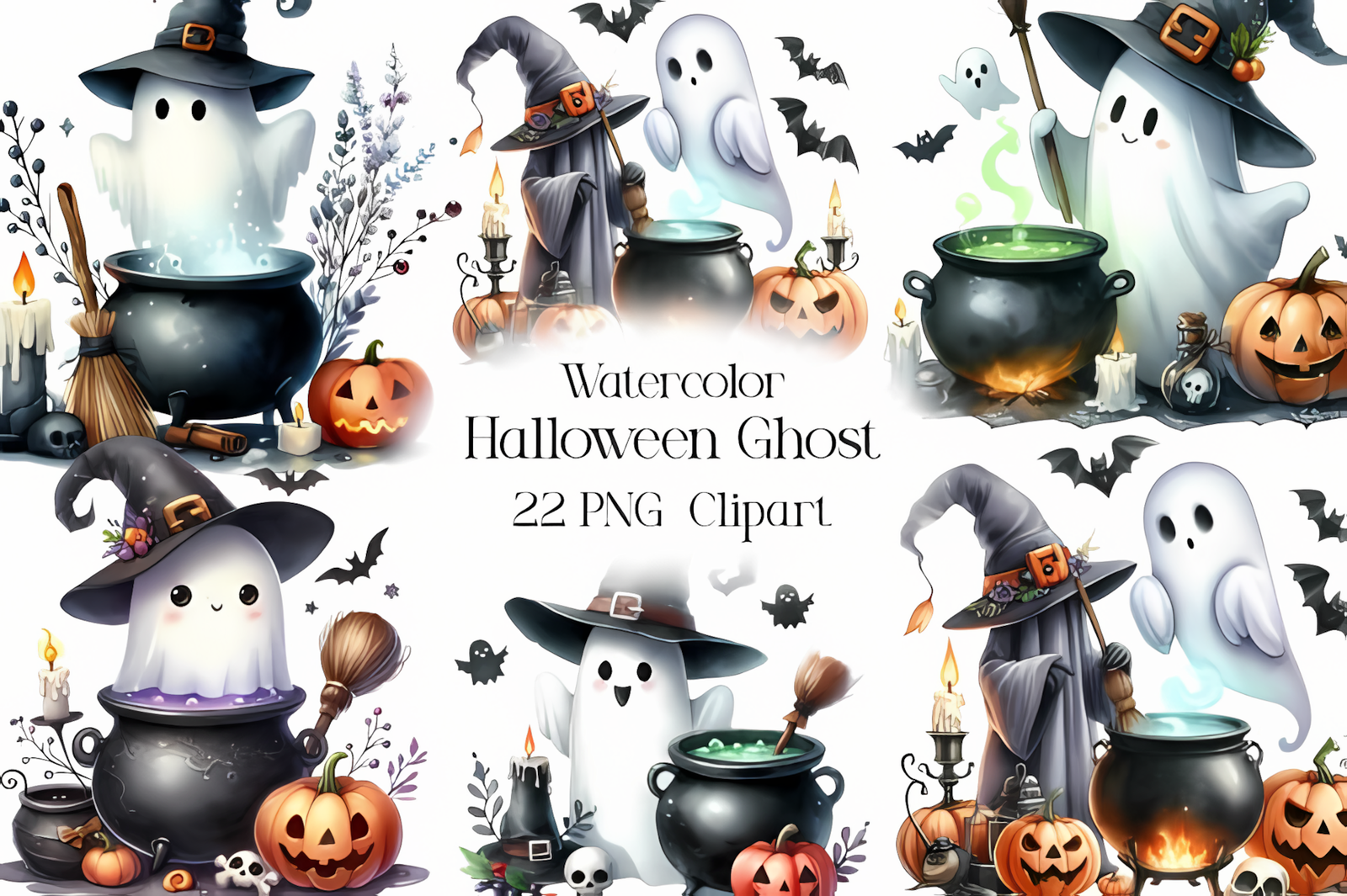watercolor halloween ghost set with soft hand painted textures
