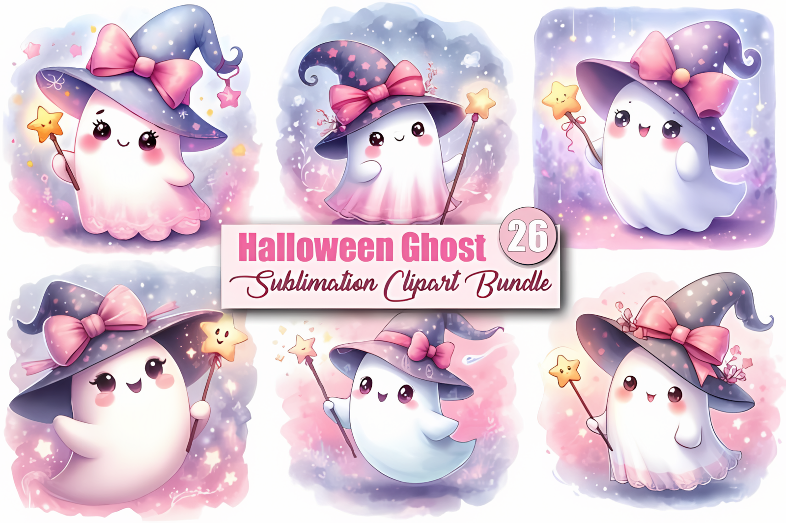 watercolor halloween ghost clipart bundle featuring friendly spooky characters