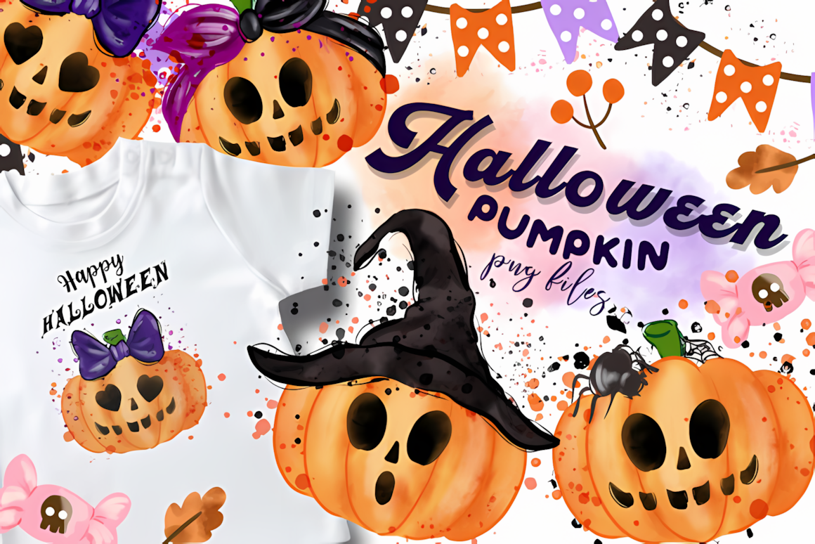 watercolor halloween pumpkin png set hand painted style