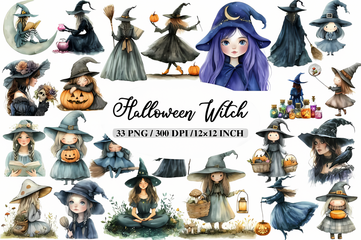 Distressed watercolor halloween witch clipart illustrations for rustic t-shirt and mug prints