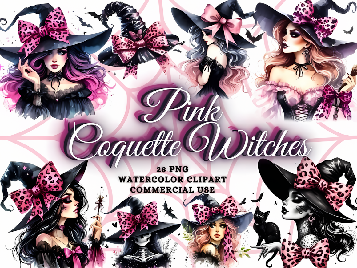 Pink coquette watercolor halloween witch clipart isolated on transparent background for sublimation crafts