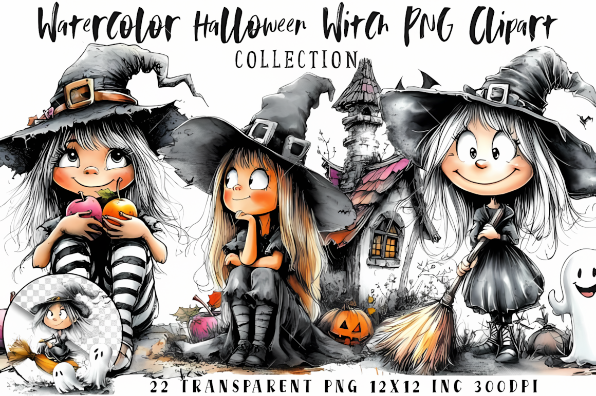 Watercolor halloween witch clipart isolated png set with soft paint wash details for sublimation