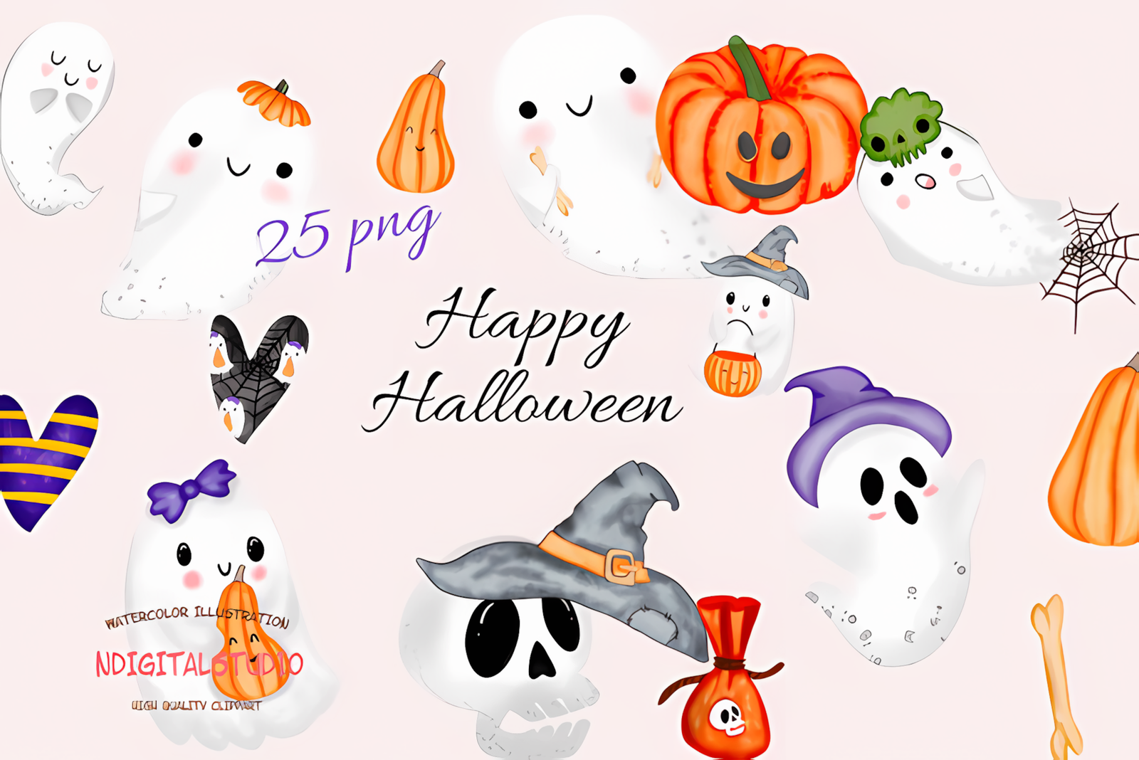 watercolor happy halloween ghost clipart isolated design element
