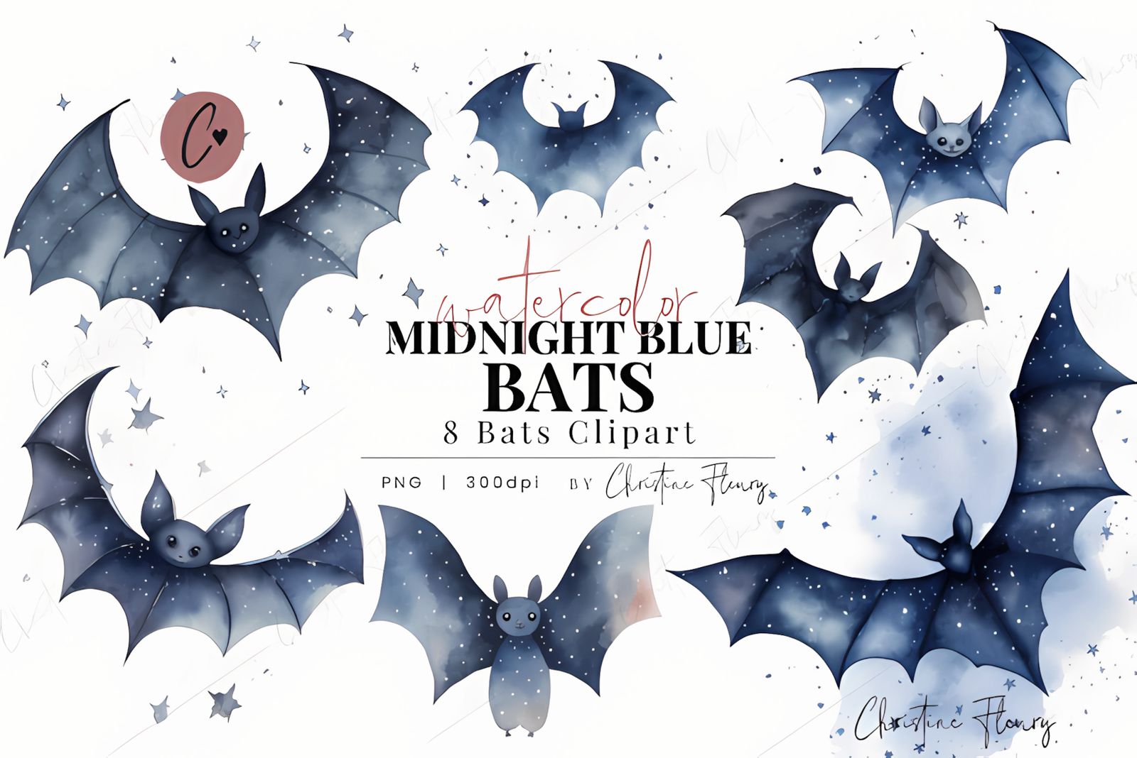 Watercolor halloween bat png artwork in dark midnight blue shade
