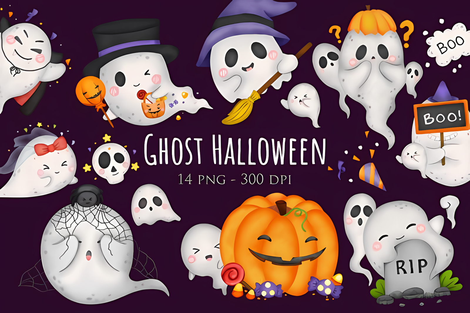 watercolour cute halloween ghost clipart with hand painted details