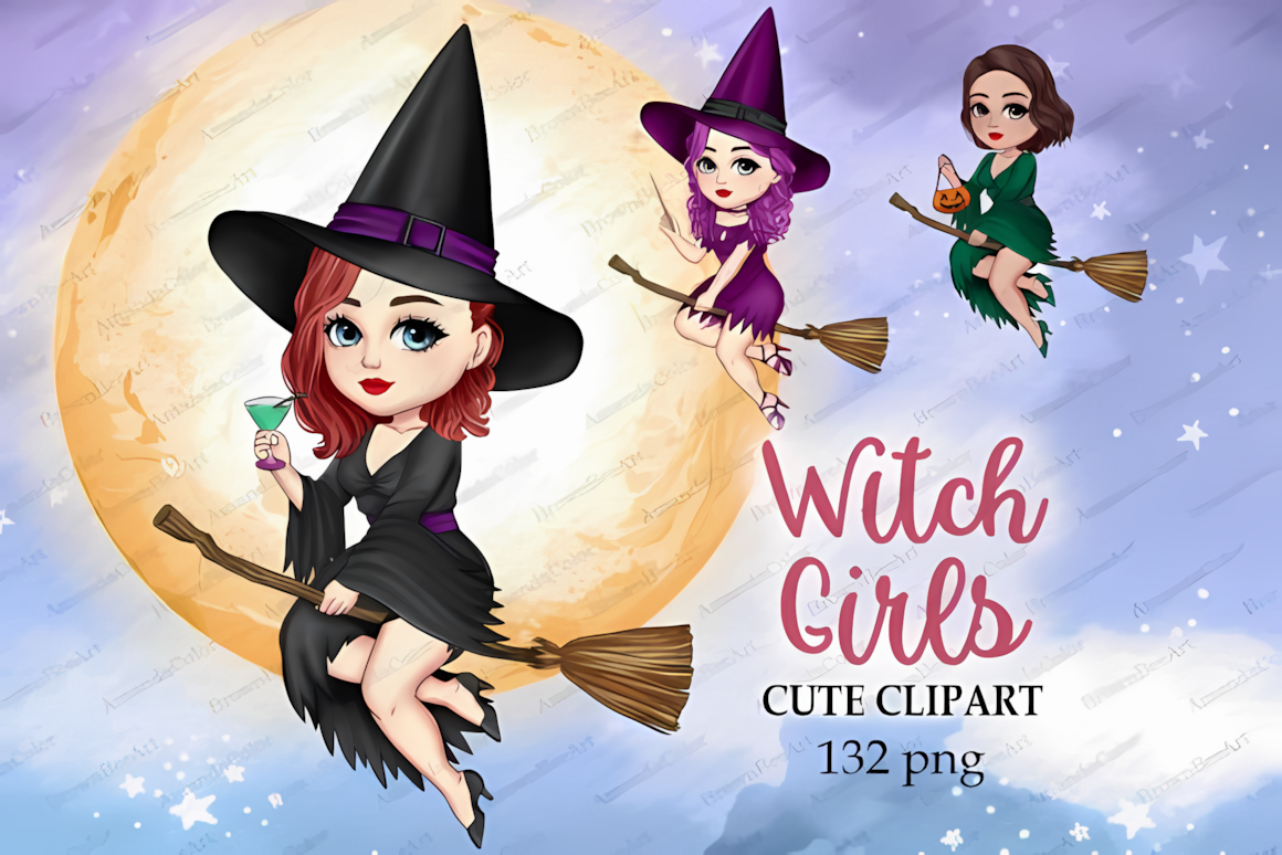 Printable cute halloween witch png clipart set with customizable outfits, hairstyles, and broomstick