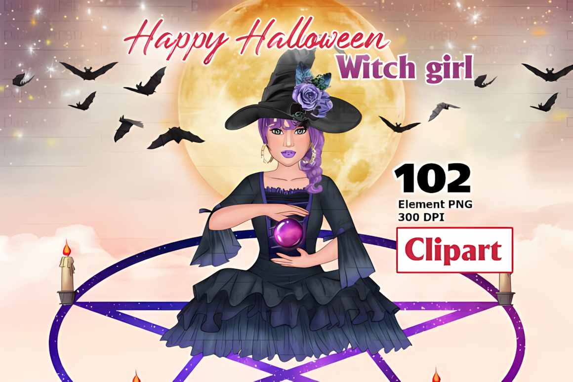 Cute halloween witch png girl illustrations with magic potion for party decor and greeting cards