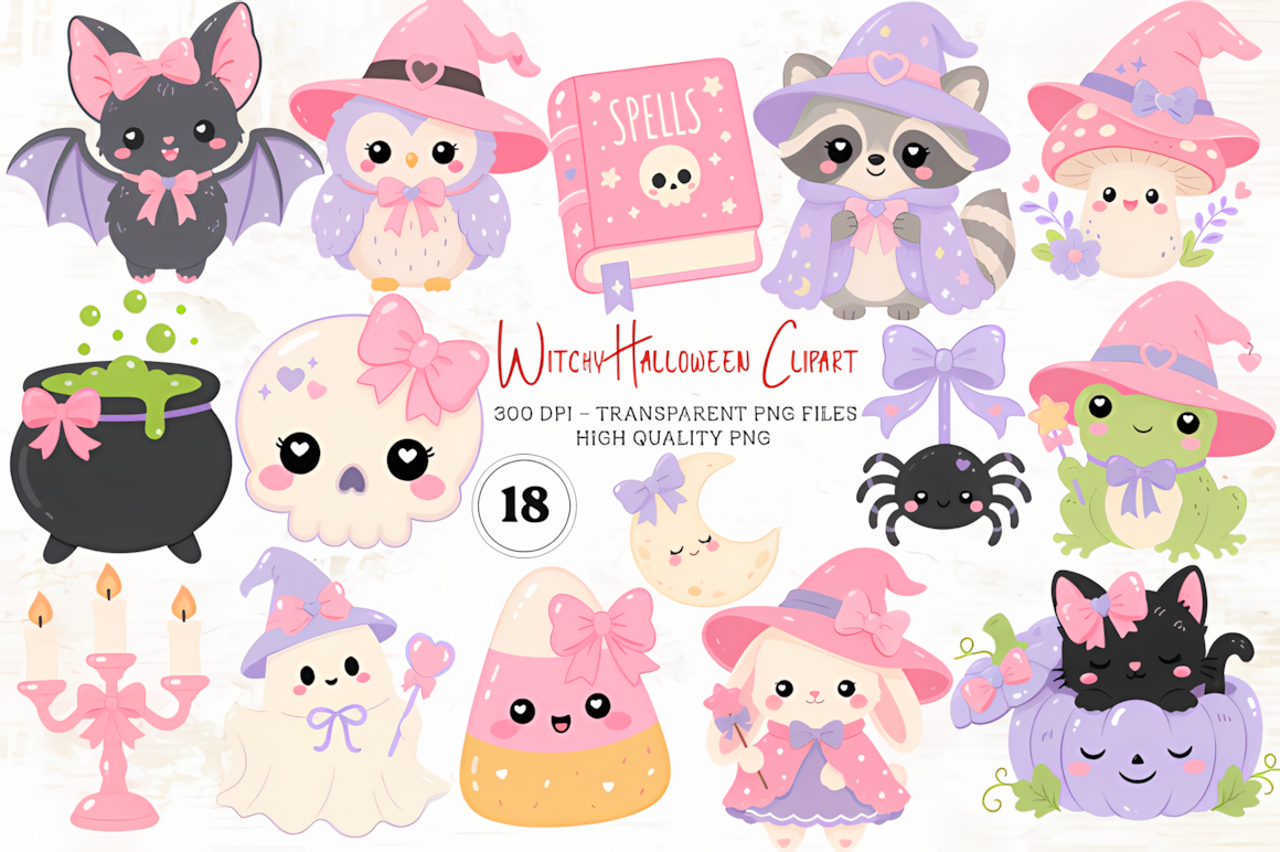 Witchy halloween witch clipart png graphics with magic moon and spell aesthetic for DIY projects