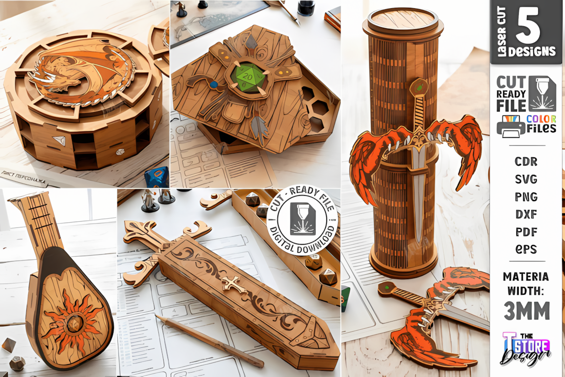 Wooden dice box laser cut svg bundle, hexagon and rectangular DnD dice storage organizer