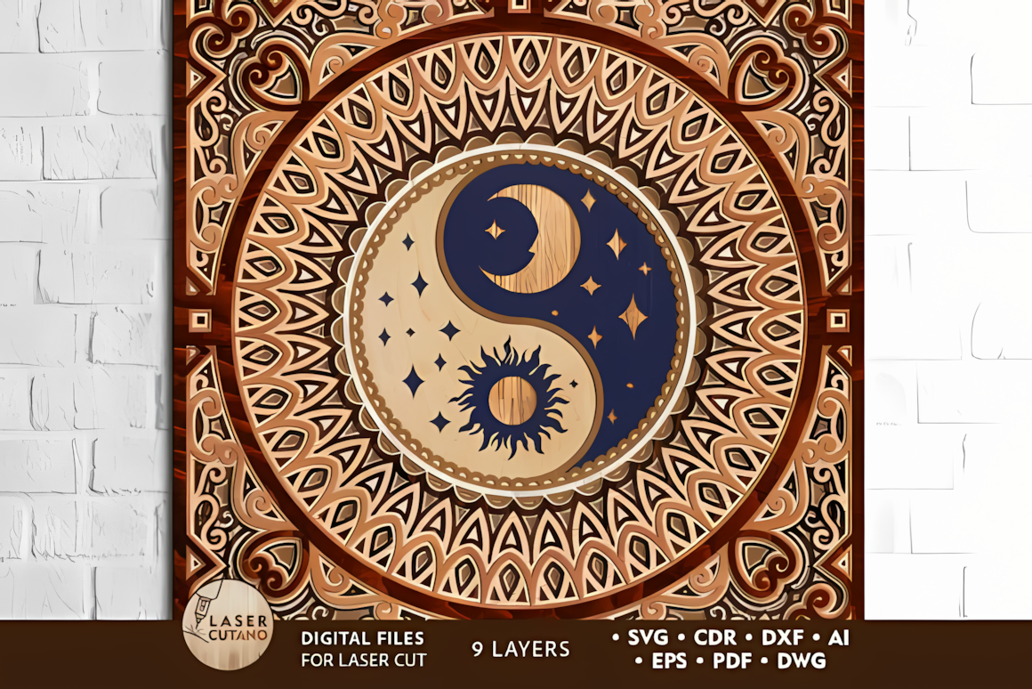 yin yang mandala wall decor with sun and moon 3d layers