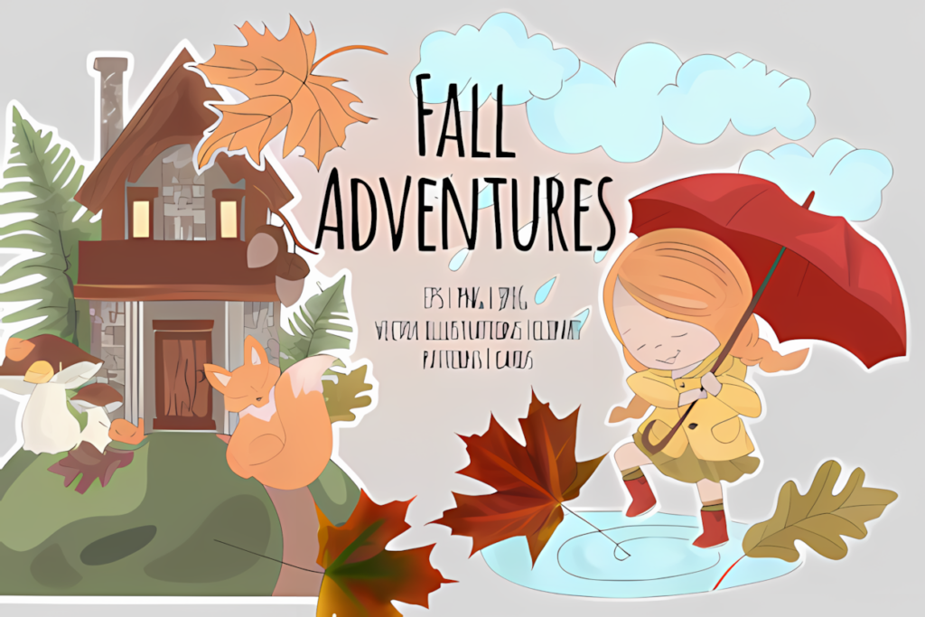 Fun autumn forest clipart cartoon set featuring colorful fall trees and seasonal woodland graphics.
