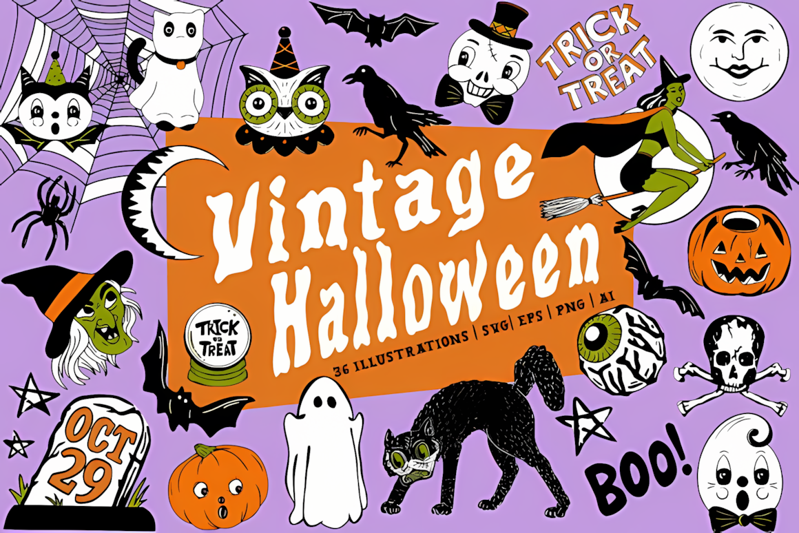 Seamless vintage Halloween patterns and coordinating clipart graphics for digital paper