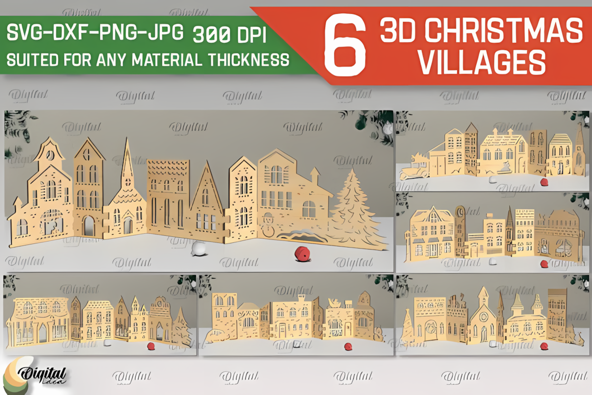 3D Christmas village laser cut vector files mockup