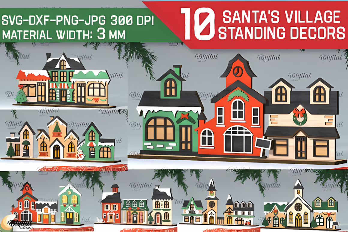 3D Santa village laser cut bundle vector templates