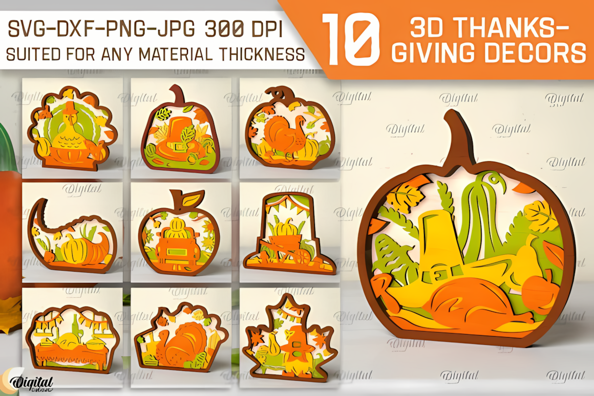 Complete 3D Thanksgiving scene featuring pilgrim motifs and harvest fruits cut from 3mm MDF