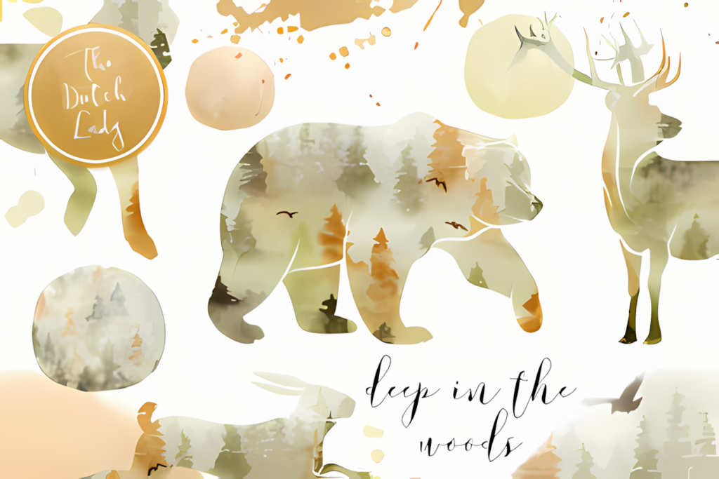 Charming autumn woodland animals clipart watercolor illustrations of forest creatures and fallen oak leaves.