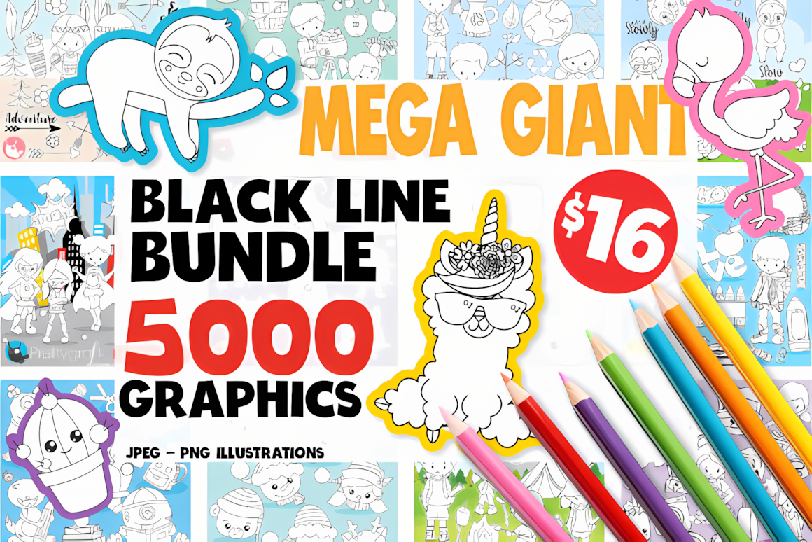 Black line art mega bundle containing over 5000 vector outlines for coloring pages and crafts