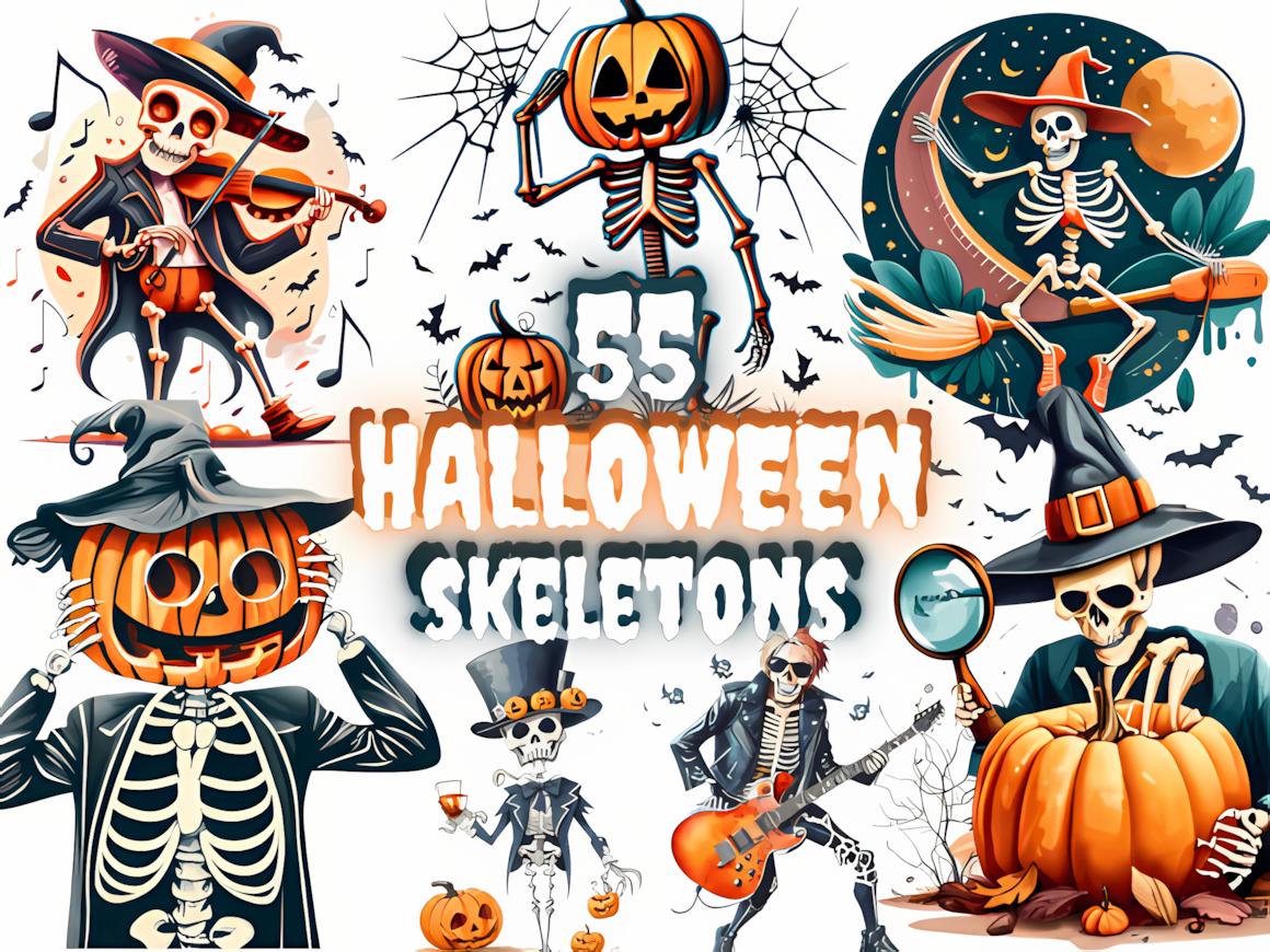 Detailed halloween skeleton clipart collection for holiday stickers