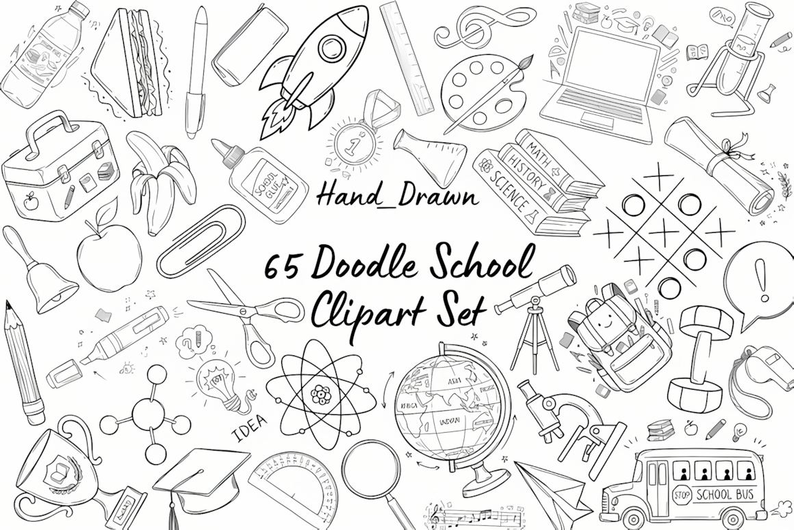 65 piece back to school doodle clipart set with black line and color graphics