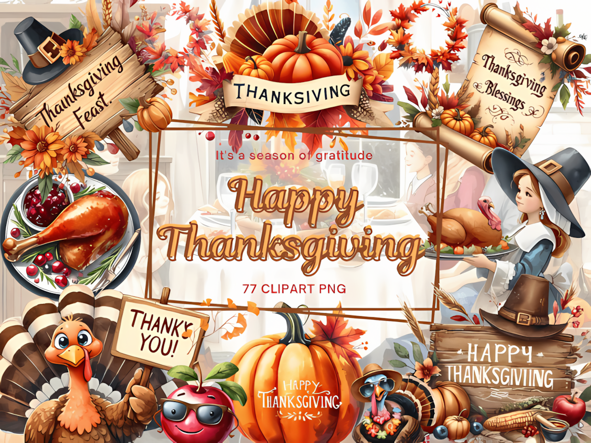 Comprehensive set of harvest pumpkins, cornucopias, and turkeys from a 77 thanksgiving clipart bundle fall png.