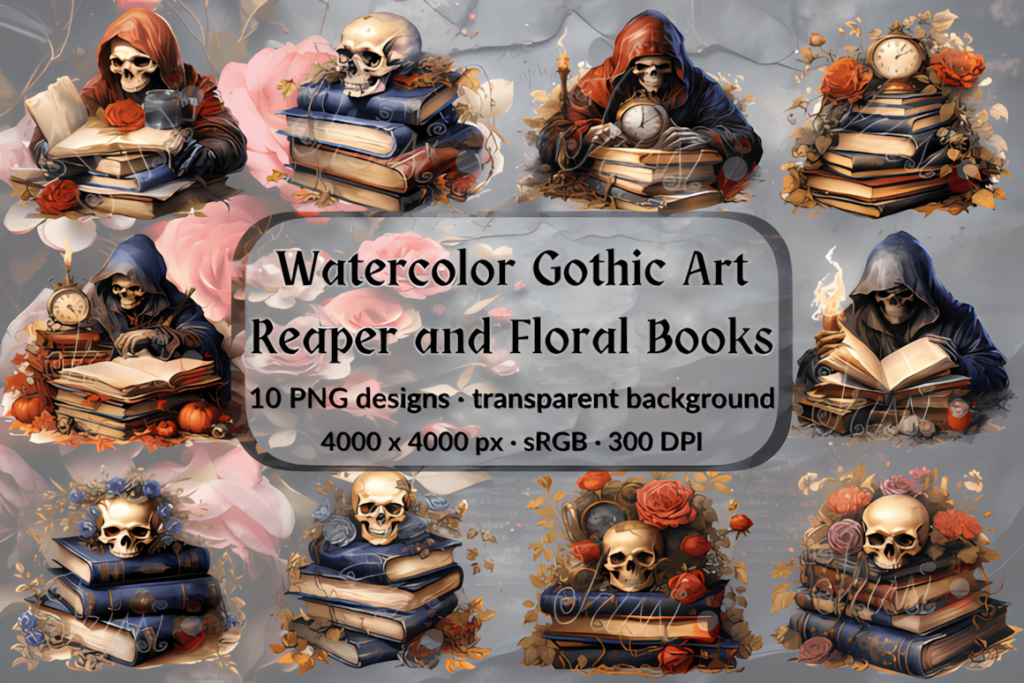 Gothic halloween skeleton clipart set with dark roses and books