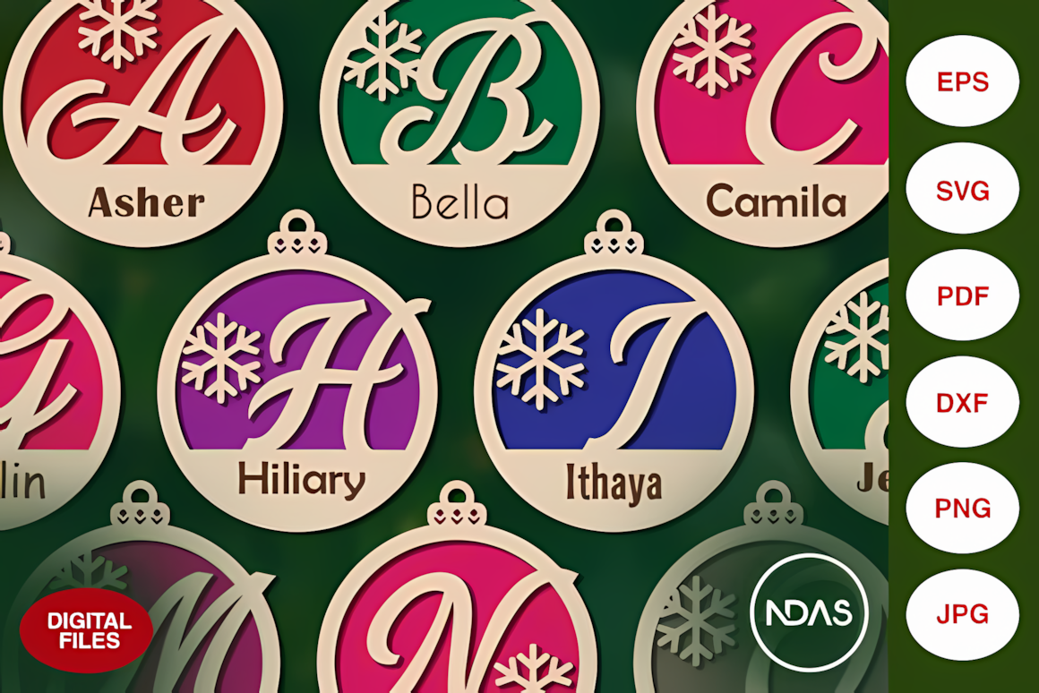 Custom name A to Z personalized Christmas ornament SVG design with snowflake