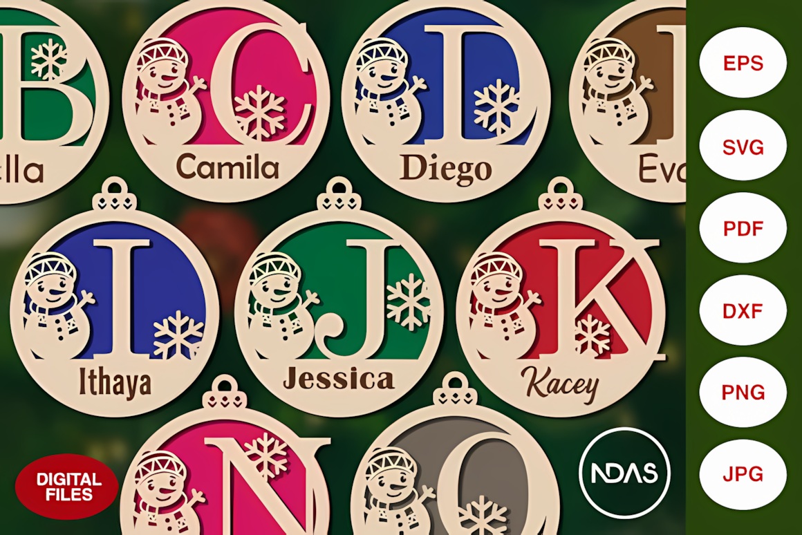Snowman personalized Christmas ornament SVG template with custom name blank