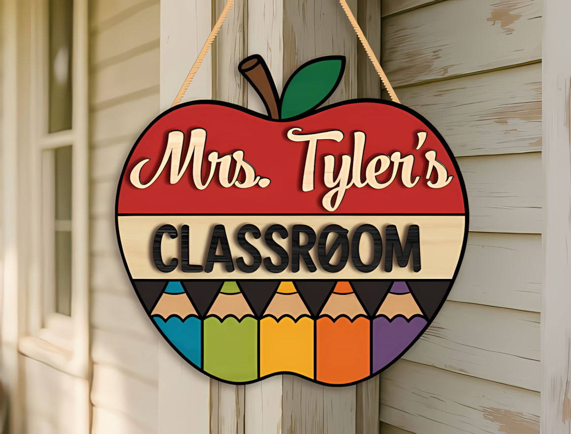 Apple and pencil motif plaque for custom teacher name sign svg.