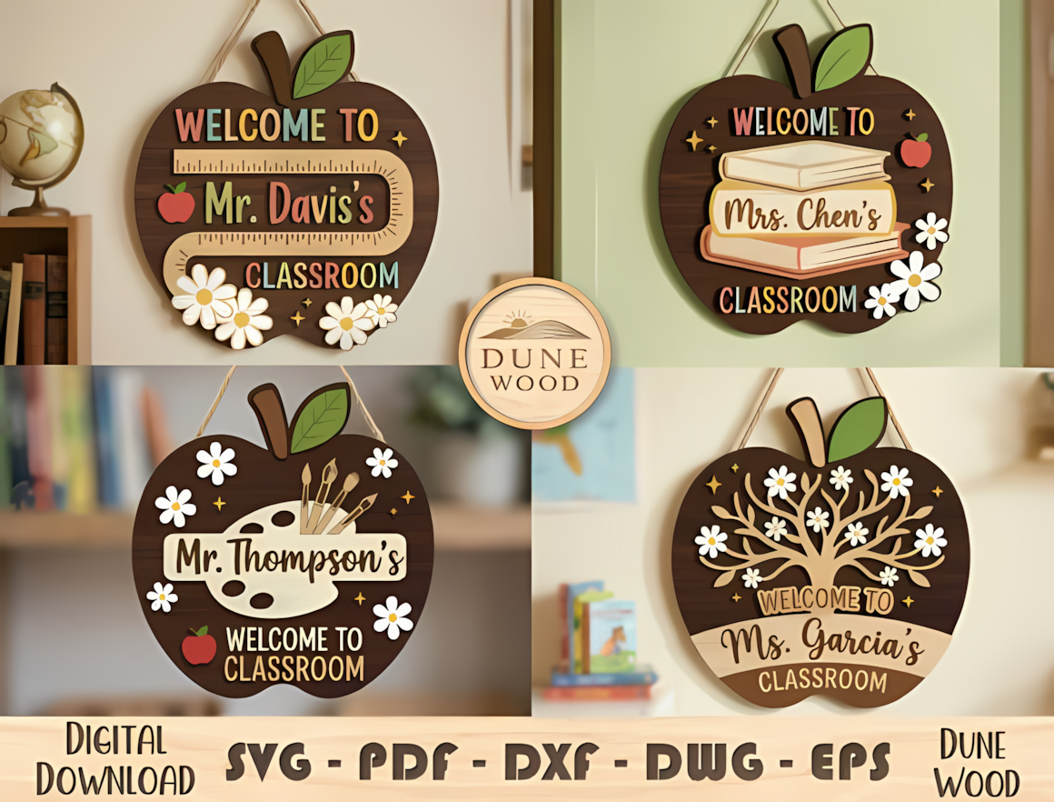 Apple shaped door plaque for apple teacher name sign svg.