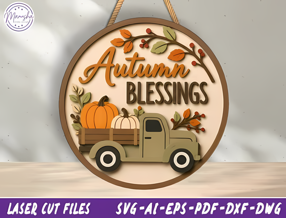 Script-lettered 'Autumn Blessings' sign crafted using a glowforge thanksgiving sign svg file.