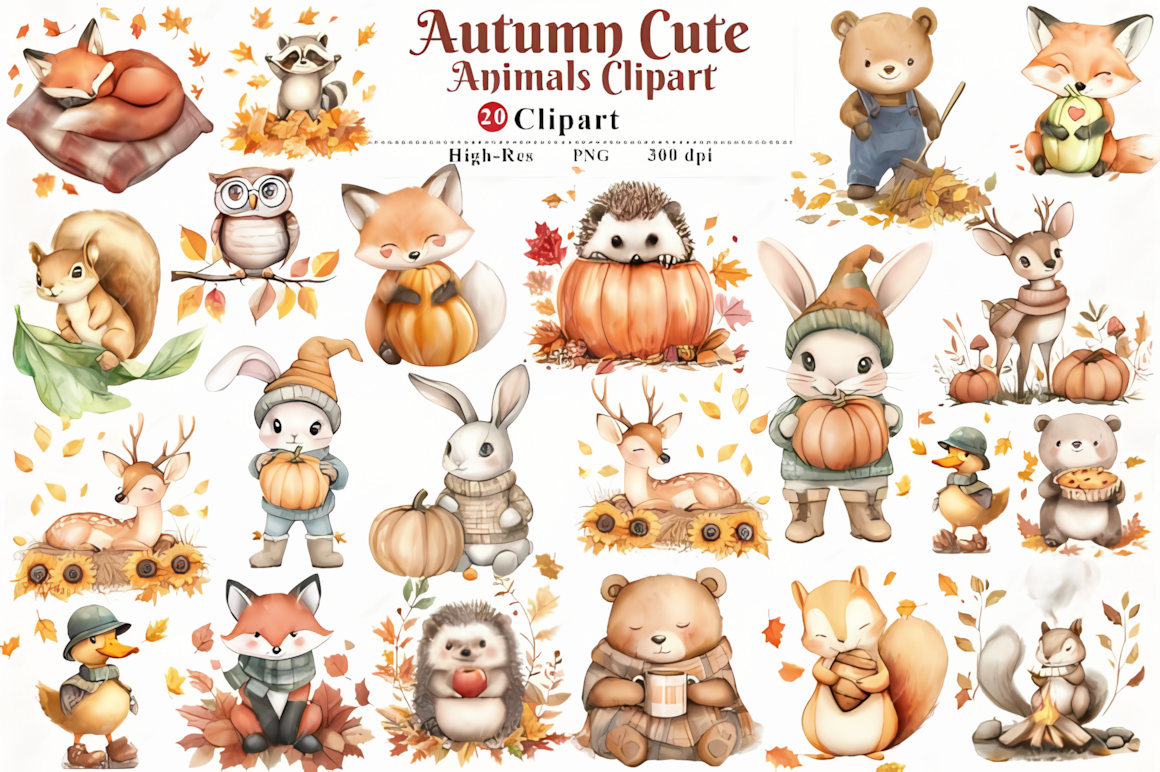 Adorable autumn woodland animals clipart cute set featuring watercolor forest creatures for baby shower designs.