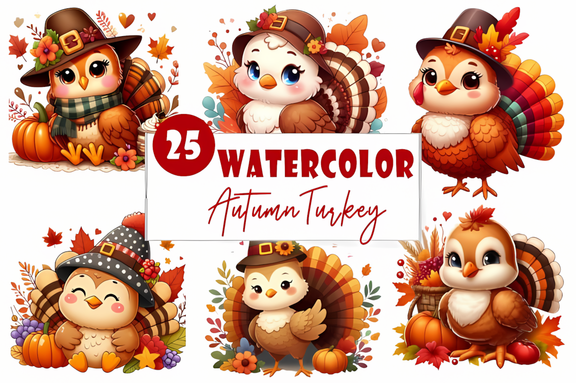 Cute cartoon turkey surrounded by autumn leaves from an autumn cute thanksgiving clipart turkey set.
