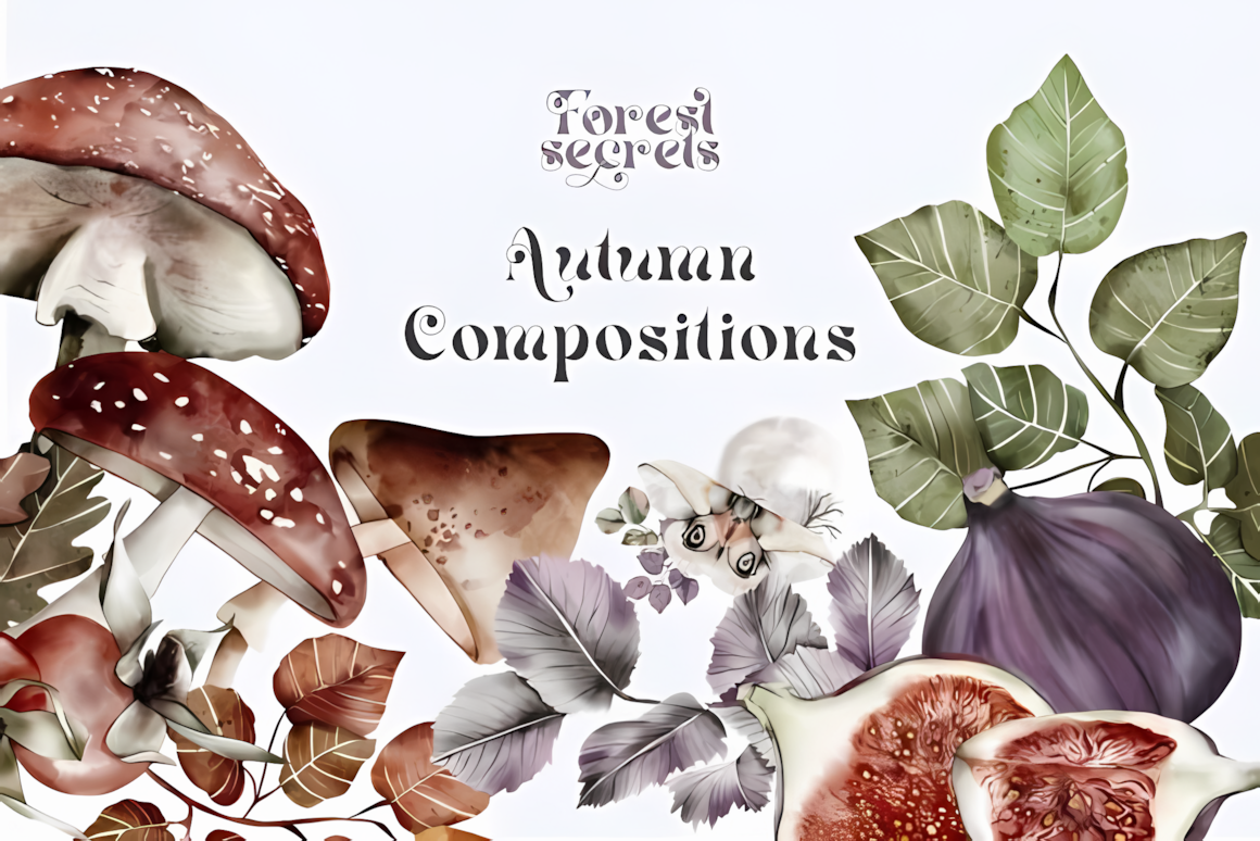 Charming autumn woodland animals clipart watercolor illustrations of forest creatures and fallen oak leaves.